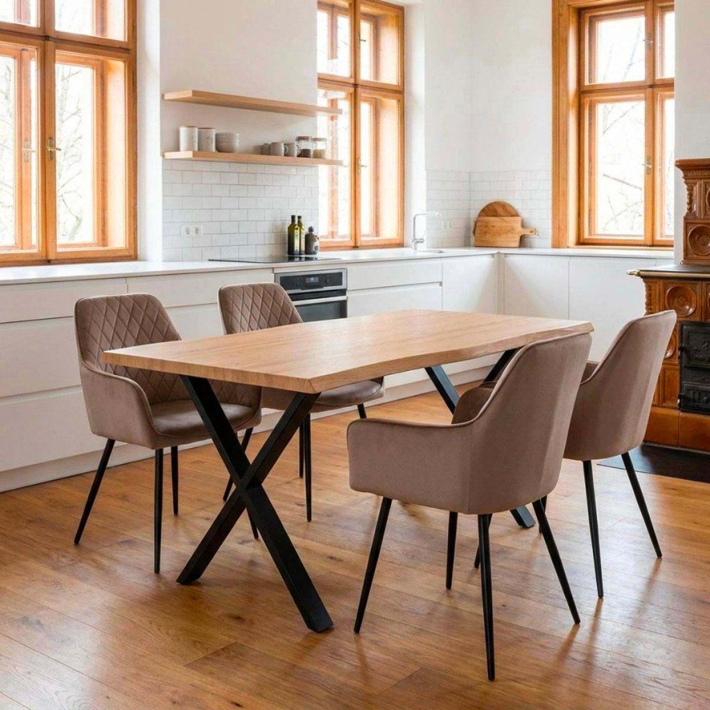 Jídelní set pro 4 osoby 160x90 cm soft dub noha X béžová židle s područkami VJS226-4CA