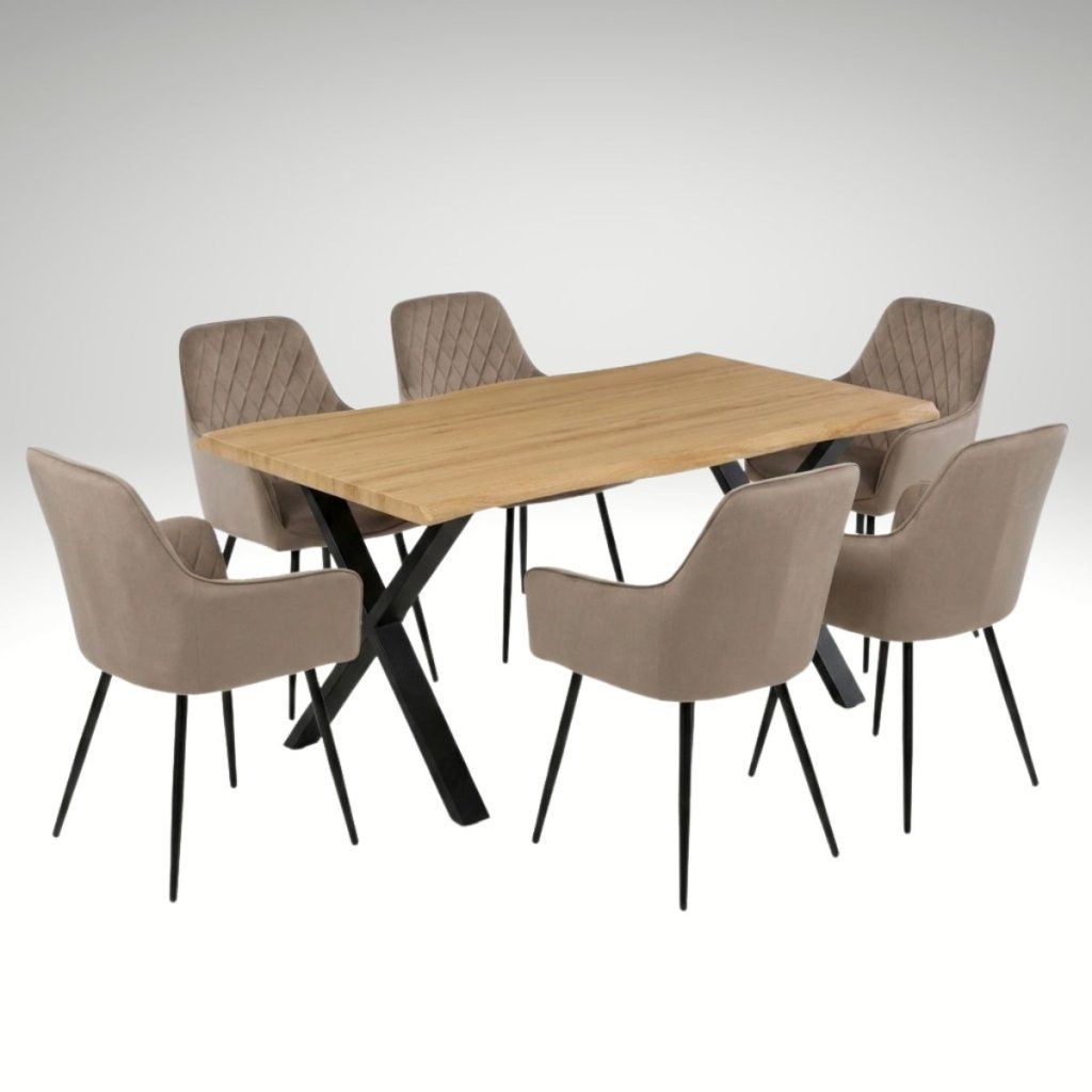 Jídelní set pro 6 osob 160x90 cm soft dub noha X béžová židle s područkami VJS226-6CA