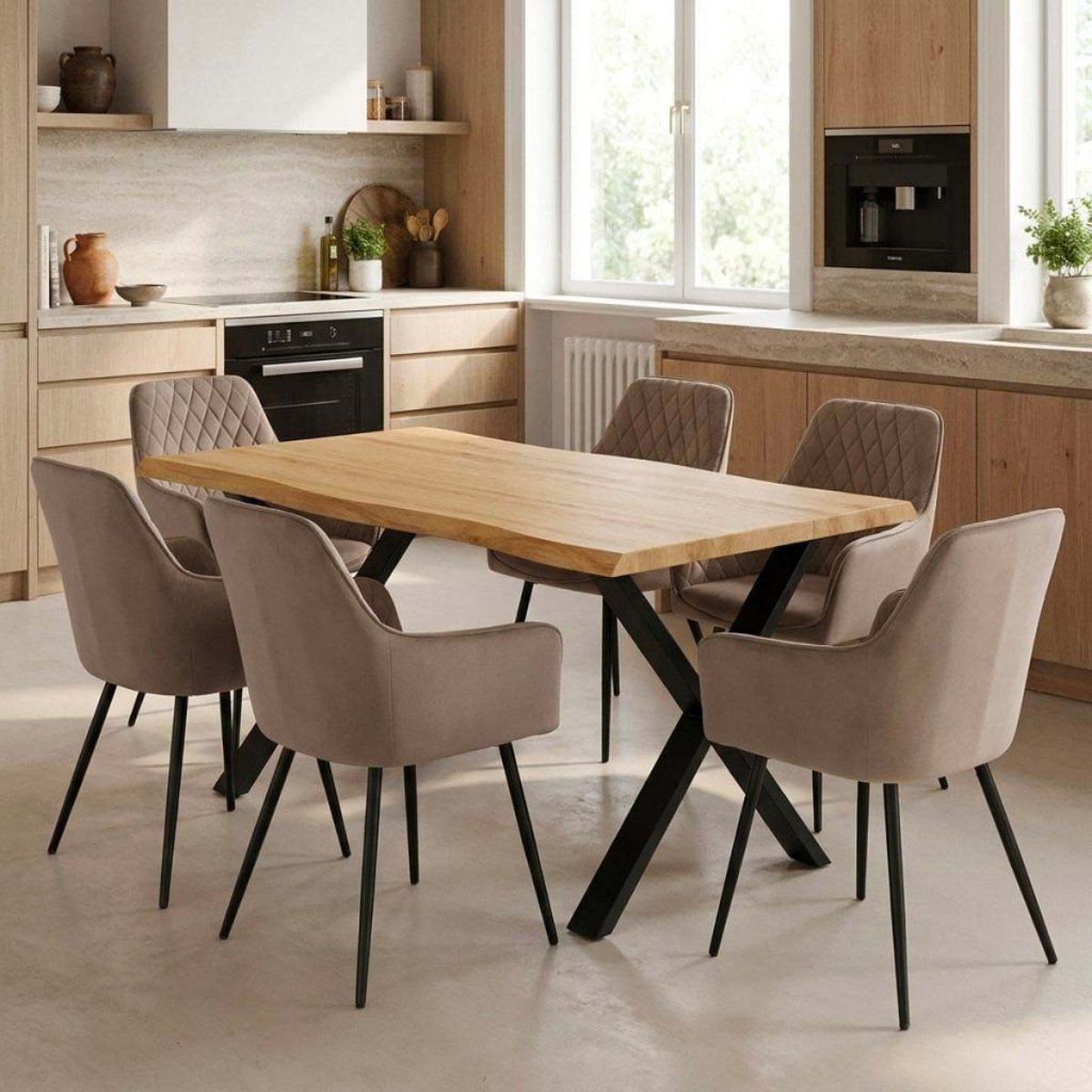 Jídelní set pro 6 osob 160x90 cm soft dub noha X béžová židle s područkami VJS226-6CA