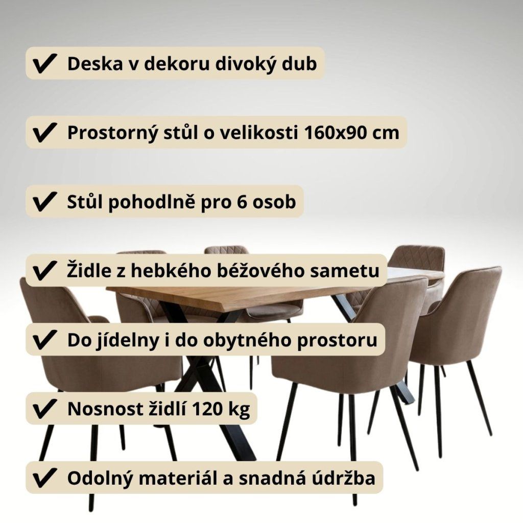 Jídelní set pro 6 osob 160x90 cm soft dub noha X béžová židle s područkami VJS226-6CA