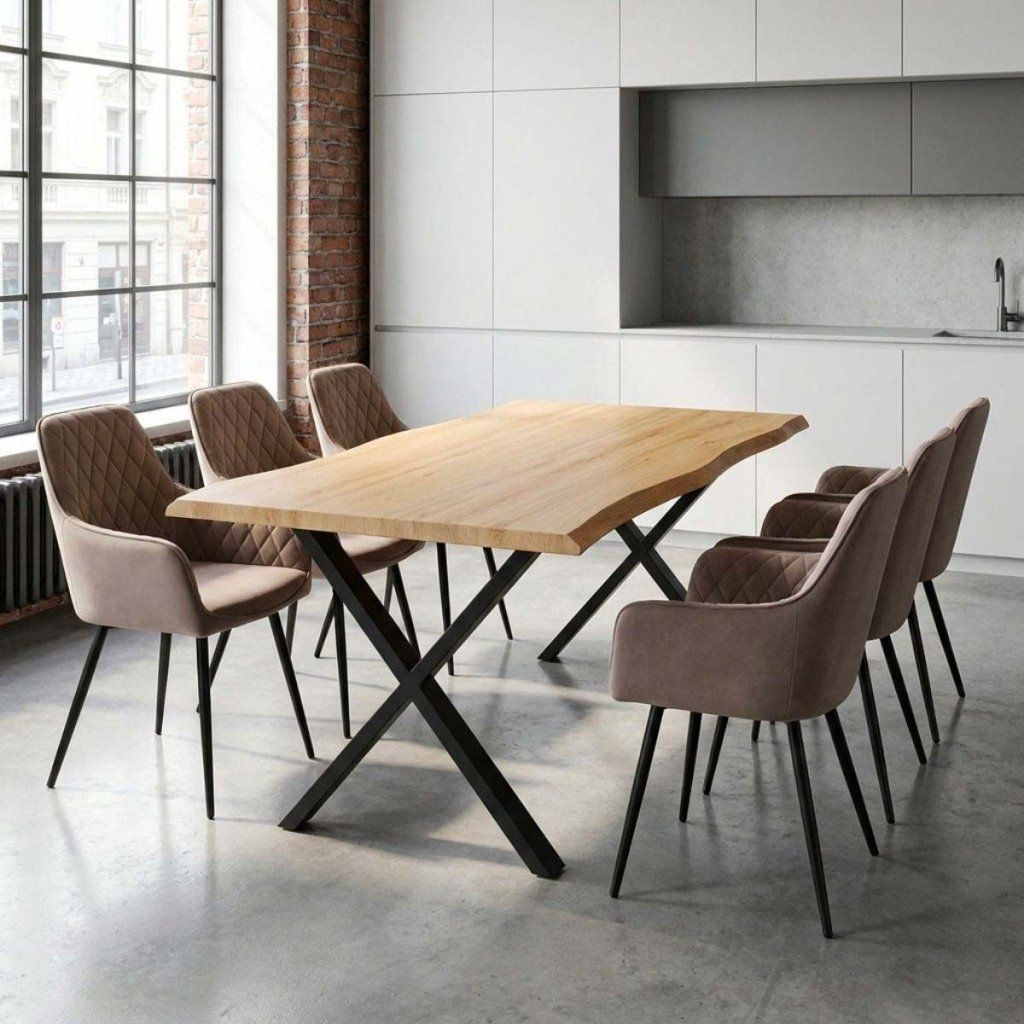 Jídelní set pro 6 osob 180x90 cm soft dub noha X béžová židle s područkami VJS228-6CA