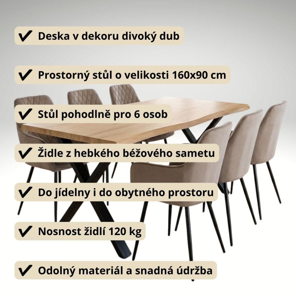 Jídelní set pro 6 osob 180x90 cm soft dub noha X béžová židle s područkami VJS228-6CA