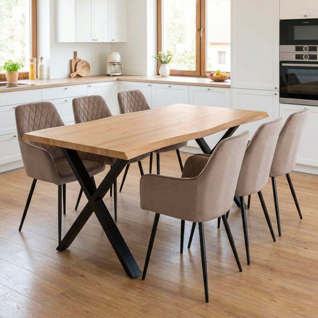 Jídelní set pro 6 osob 180x90 cm soft dub noha X béžová židle s područkami VJS228-6CA