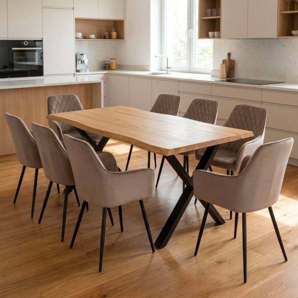 Jídelní set pro 8 osob 180x90 cm soft dub noha X béžová židle s područkami VJS228-8CA