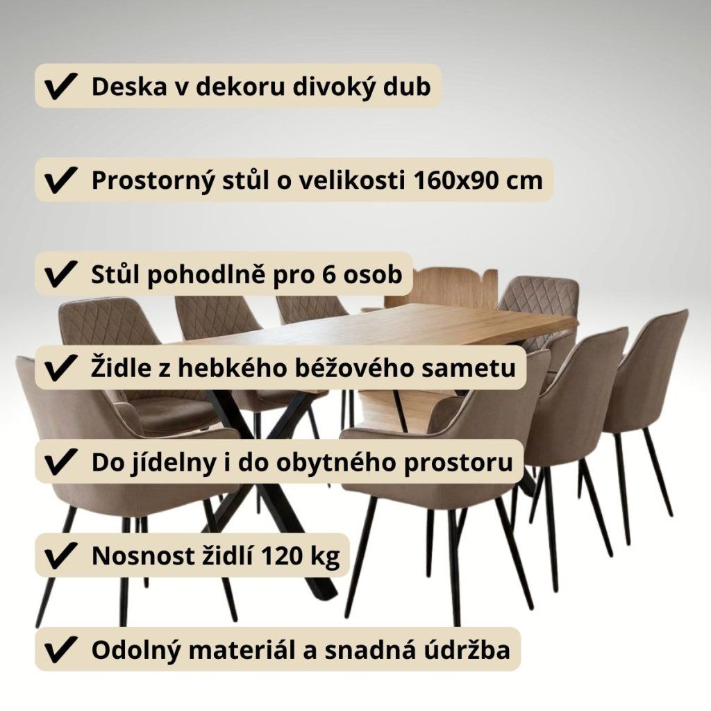 Jídelní set pro 8 osob 180x90 cm soft dub noha X béžová židle s područkami VJS228-8CA