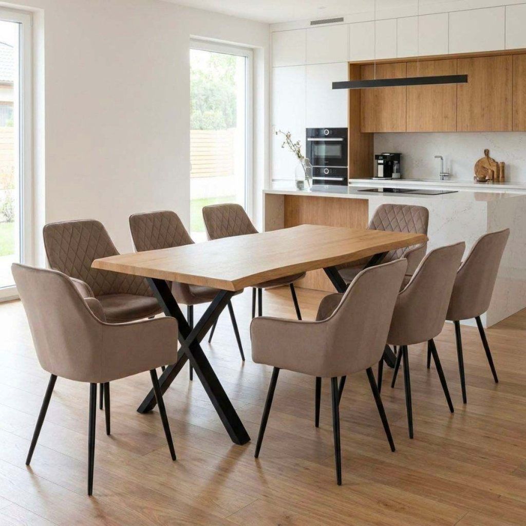 Jídelní set pro 8 osob 180x90 cm soft dub noha X béžová židle s područkami VJS228-8CA