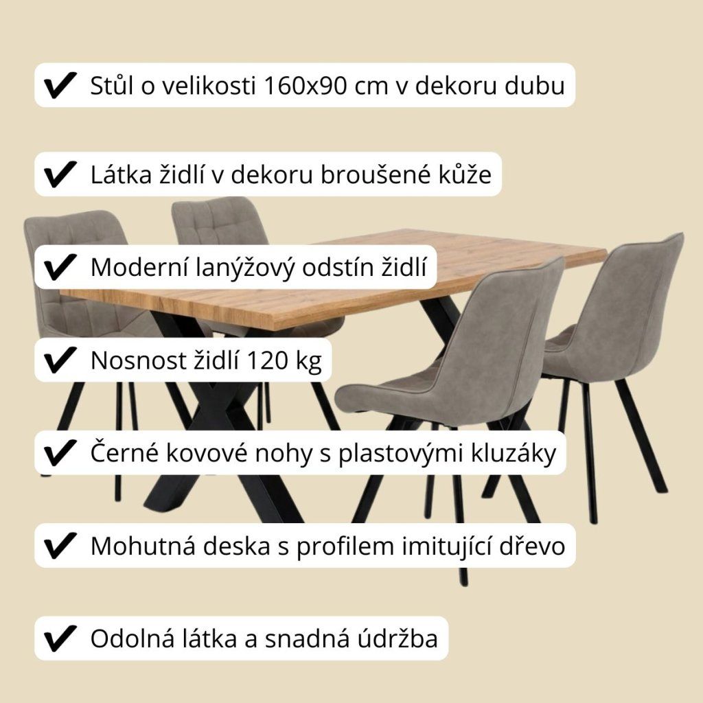 Jídelní set pro 4 osoby 160x90 cm dub-béžová VJS116-41L