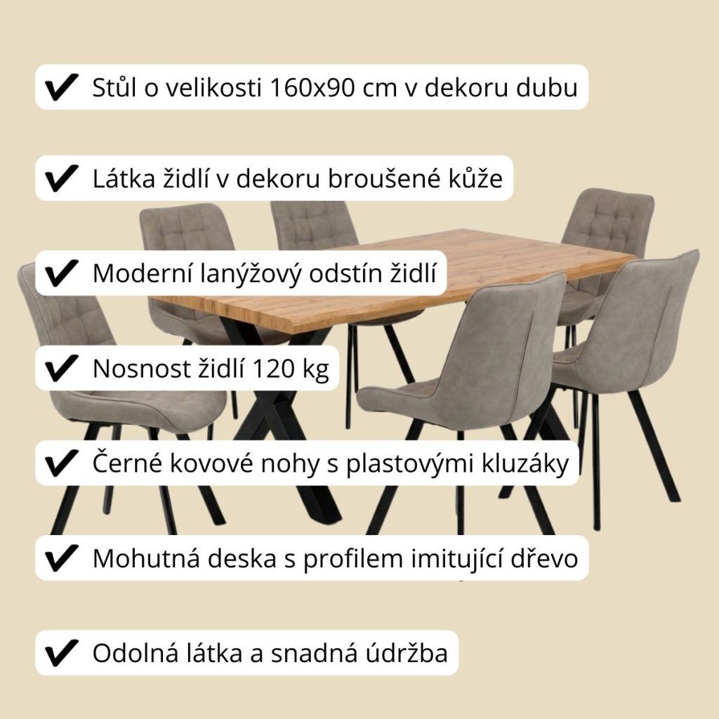 Jídelní set pro 6 osob 160x90 cm dub-béžová VJS116-61L
