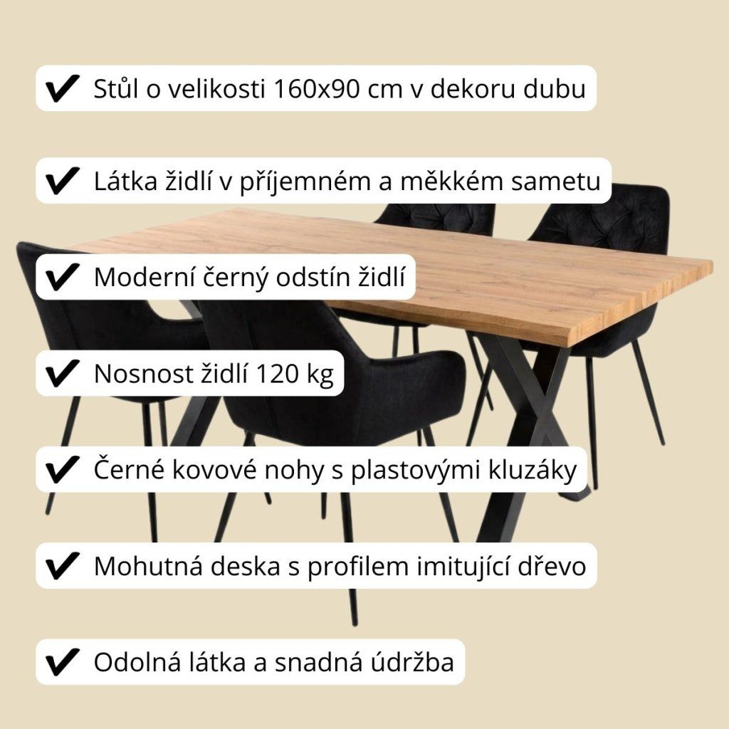 Jídelní set 4+1 160x90 cm dub, černá VJS136-4C