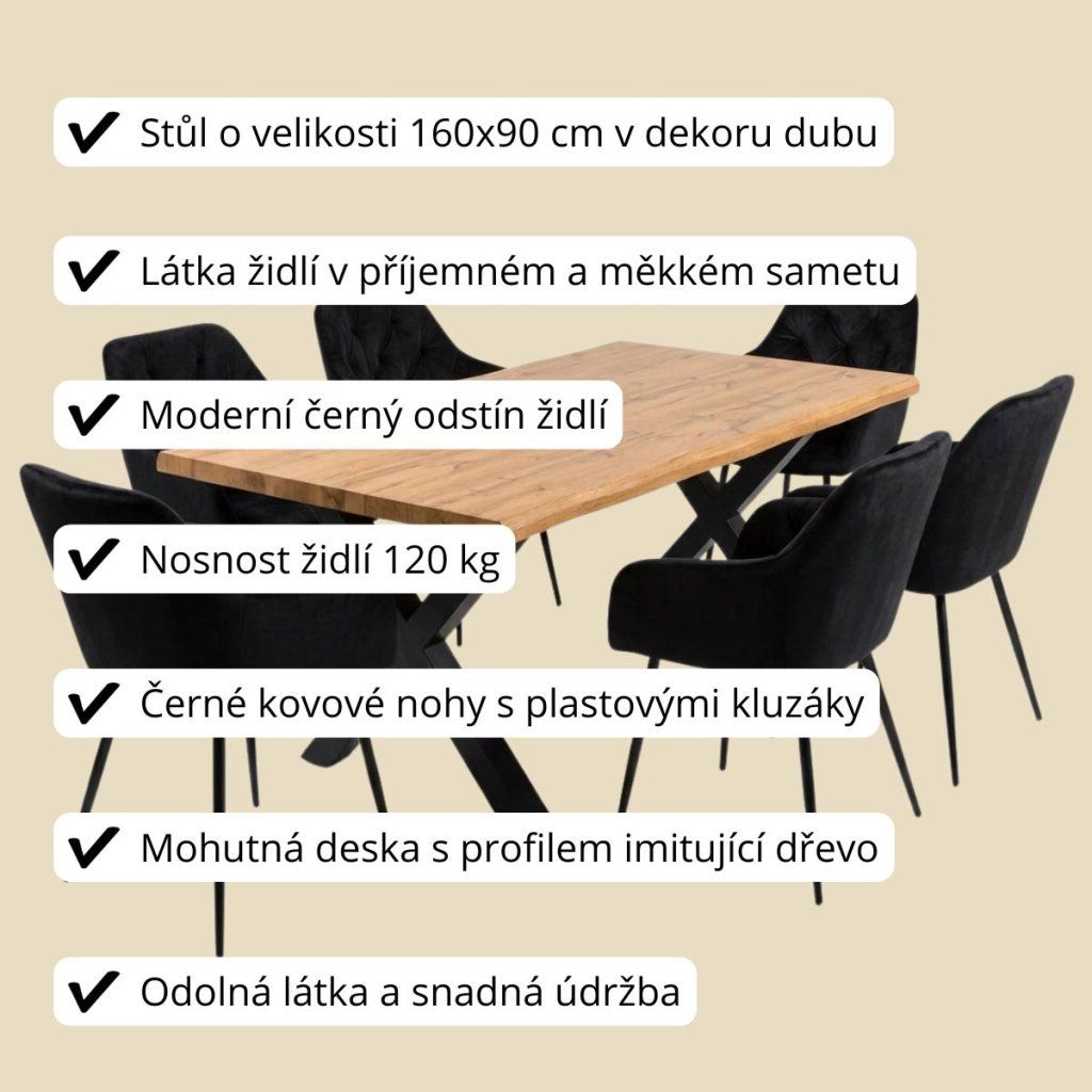 Jídelní set 6+1 160x90 cm dub, černá VJS136-6C