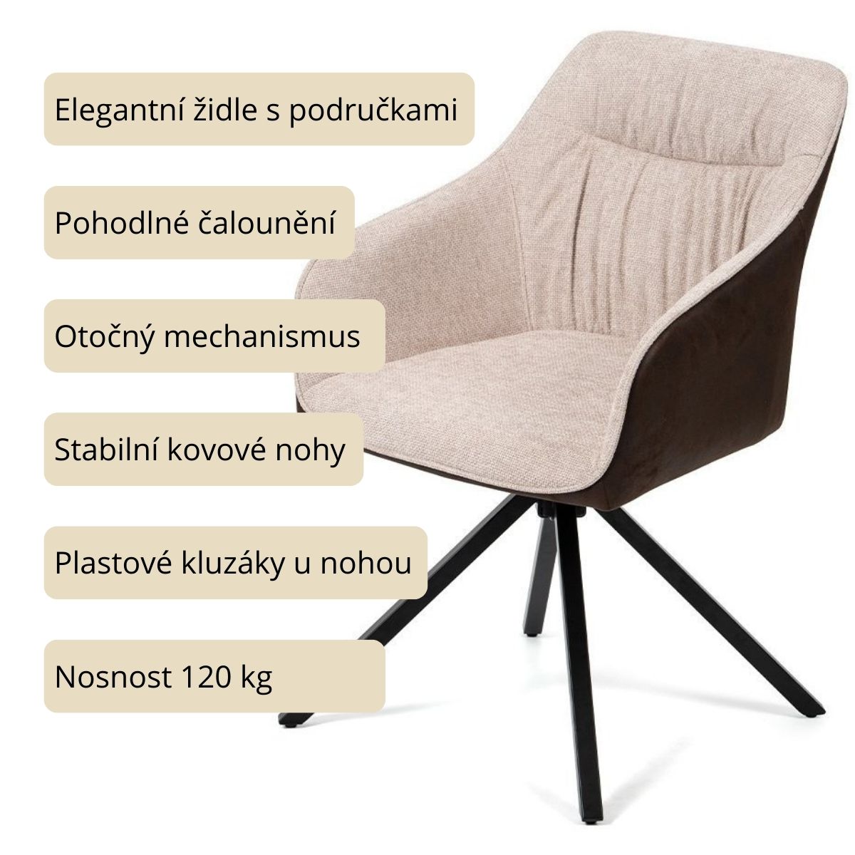 Jídelní židle otočná s područkami hnědá/krémová HJZ103K