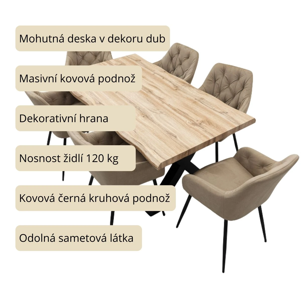 Jídelní set 6+1 140x90 cm dub, béžová VJS136-6BE