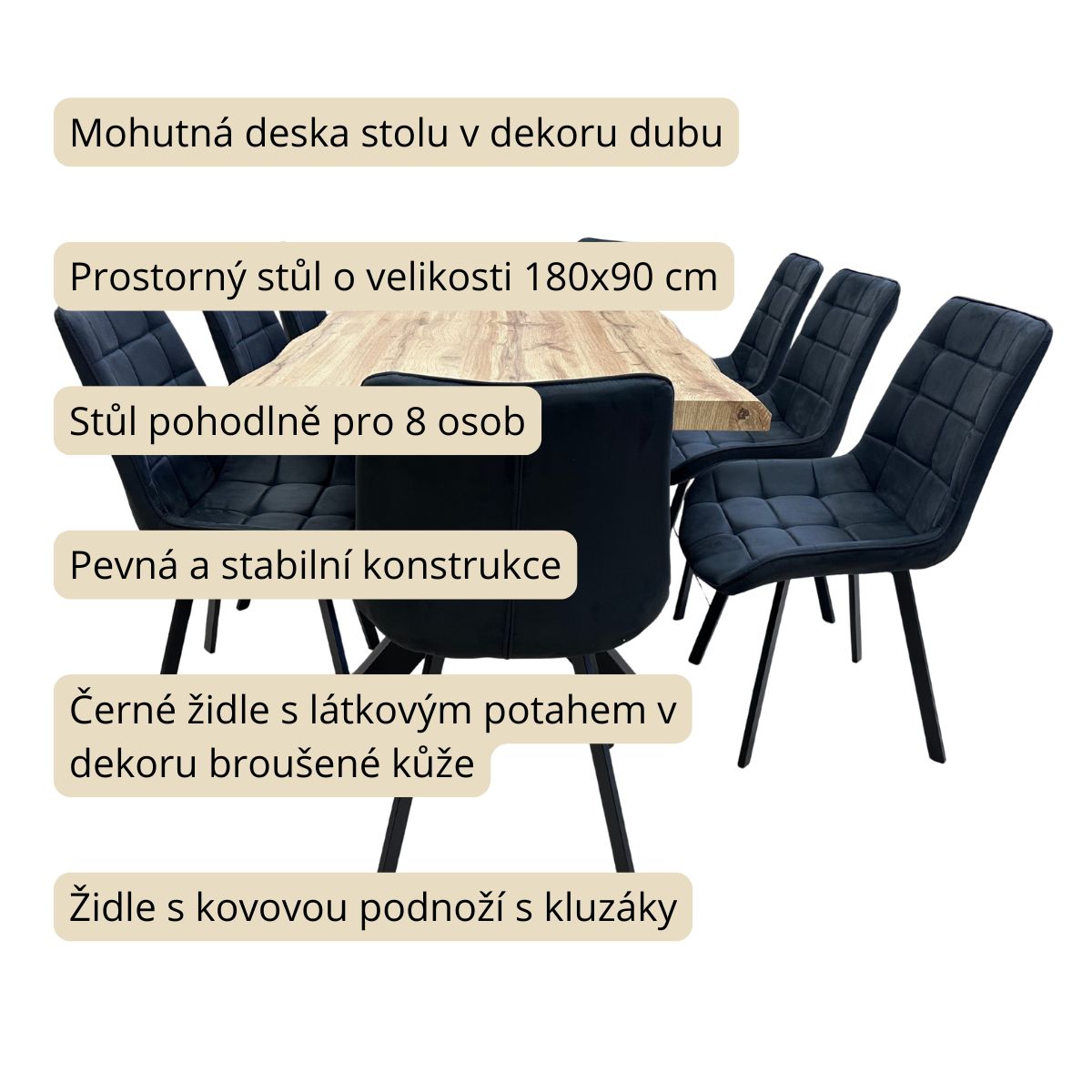 Jídelní set pro 8 osob 180x90 cm dub, černá broušená kůže VJS118-81C