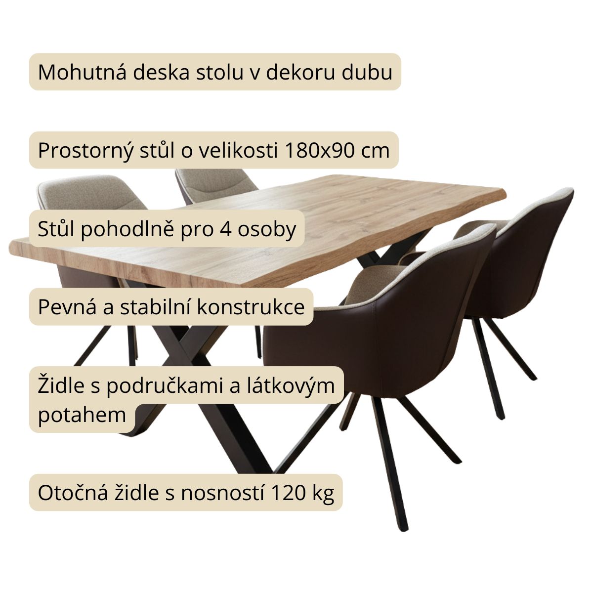 Jídelní set 4+1 160x90 cm dub, krémová látka VJS154-4K