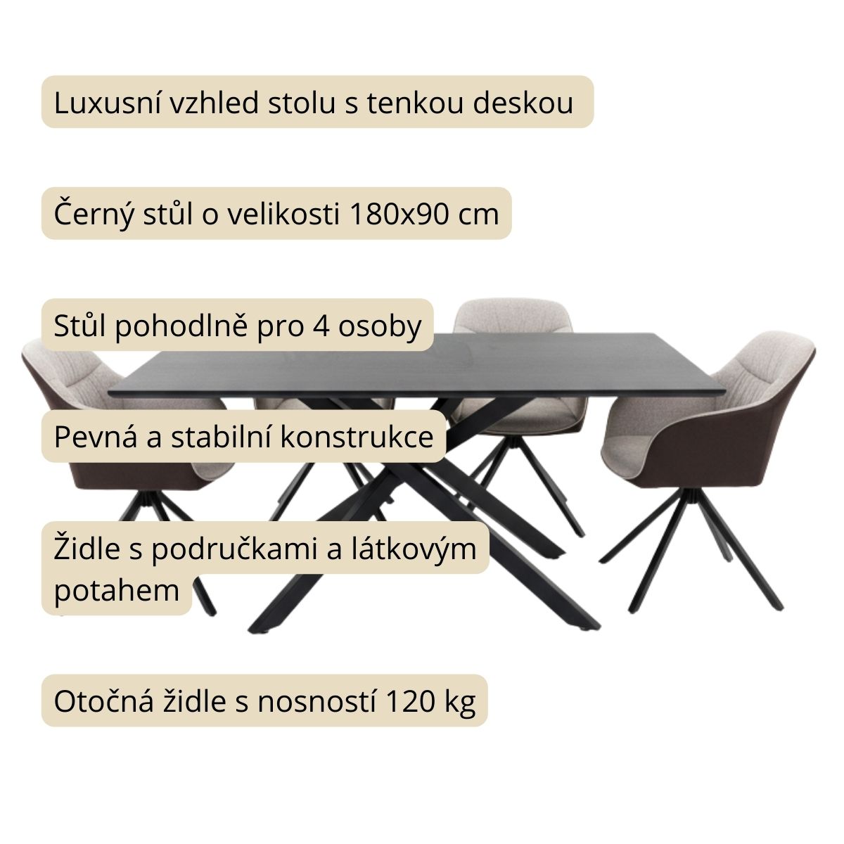 Jídelní set pro 4 osoby 180x90 cm černý, krémová látka VJS208-4K