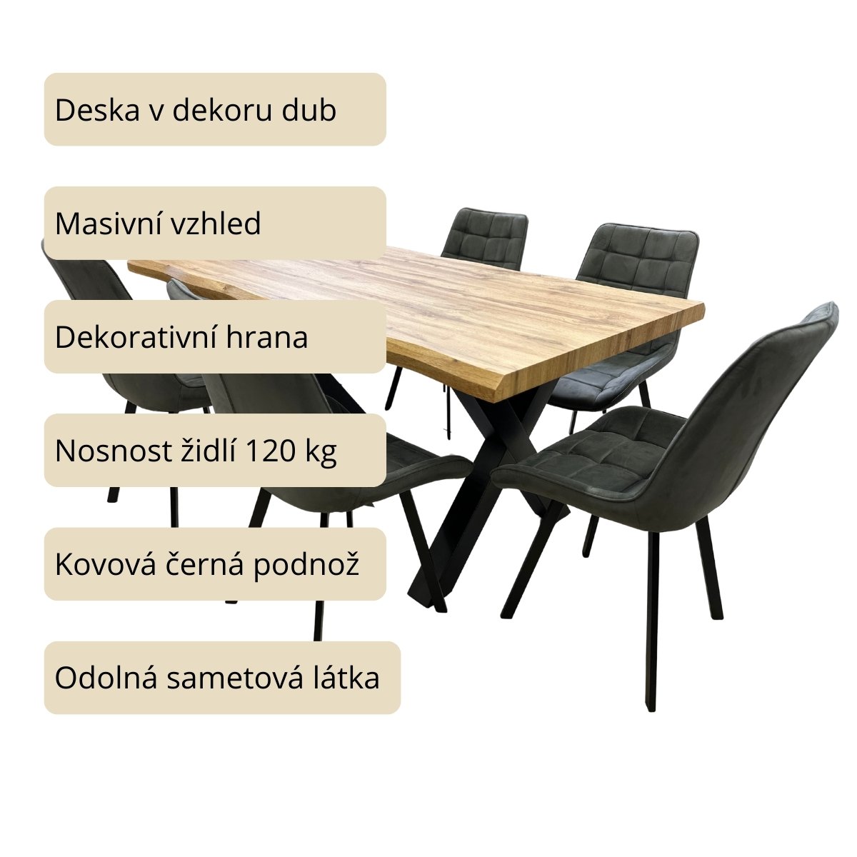 Jídelní set pro 6 osob 140x90 cm dub, šedá samet VJS114-61S-S