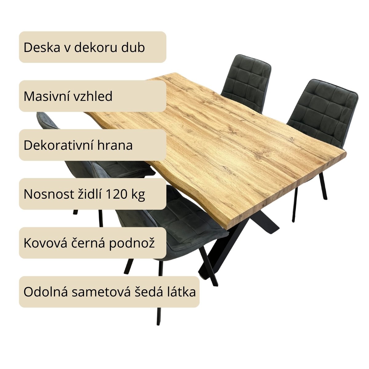 Jídelní set pro 4 osoby 140x90 cm dub, šedá samet VJS114-41S-S
