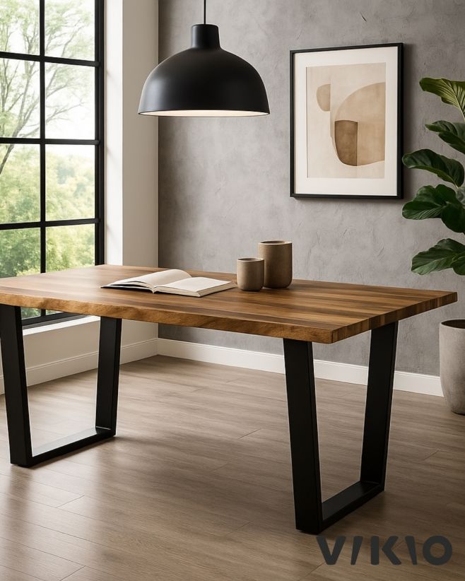 Tento jídelní stůl je důkazem, že krása spočívá v jednoduchosti. Deska s nádhernou kresbou starého dřeva a černé kovové...